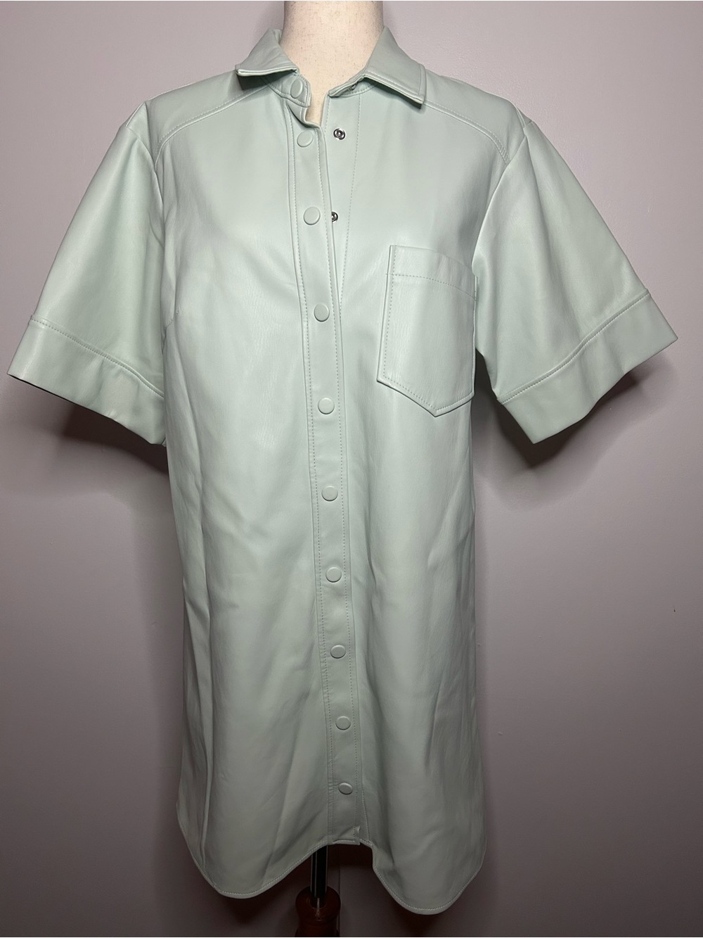 ANTHROPOLOGIE - Maeve Faux Leather Light Blue Short Sleeve Front Snap Mini Dress